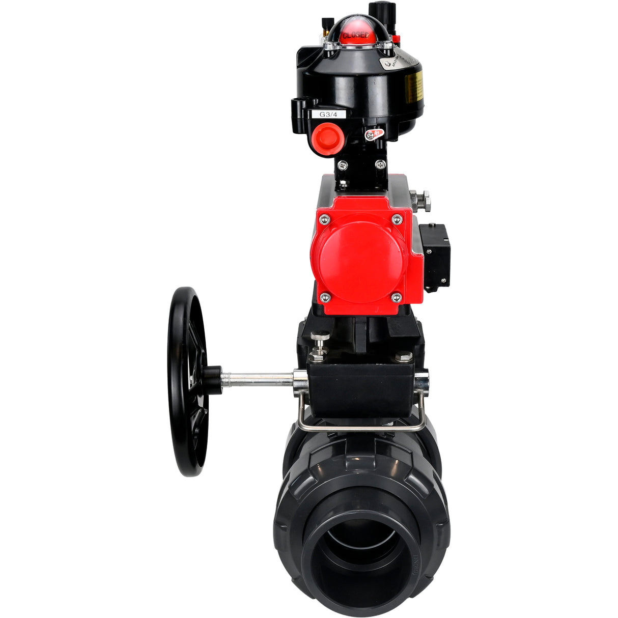Ball valves Elephant BV4242E-FP-GRM-ISO, body material - UPVC, ball material - UPVC, seal - EPDM, with pneumatic actuator double action PA-DA, pneumatic distributor 4M310-08 24V, LSU APL-510N EX, ATU AFC2000 and handwheel MON