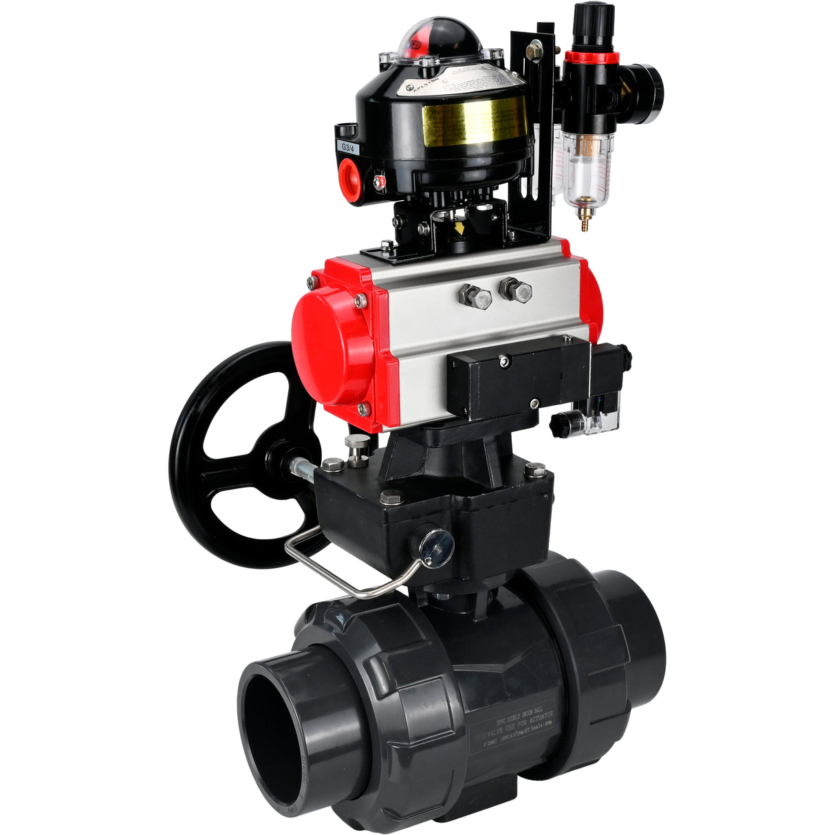 Ball valves Elephant BV4242E-FP-GRM-ISO, body material - UPVC, ball material - UPVC, seal - EPDM, with pneumatic actuator double action PA-DA, pneumatic distributor 4M310-08 24V, LSU APL-510N EX, ATU AFC2000 and handwheel MON