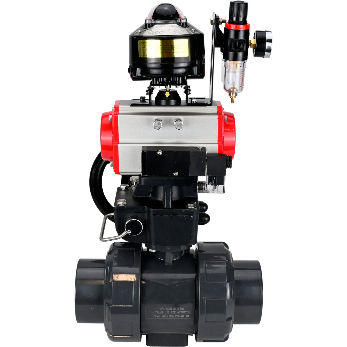 Ball valves Elephant BV4242E-FP-GRM-ISO, body material - UPVC, ball material - UPVC, seal - EPDM, with pneumatic actuator double action PA-DA, pneumatic distributor 4M310-08 24V, LSU APL-510N EX, ATU AFC2000 and handwheel MON