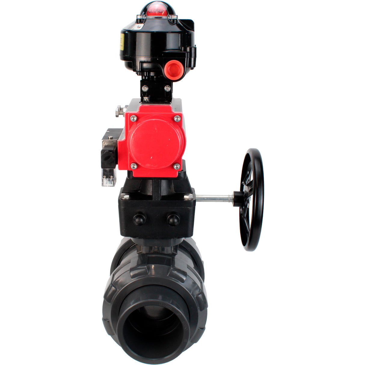 Ball valves Elephant BV4242E-FP-GRM-ISO, body material - UPVC, ball material - UPVC, seal - EPDM, with pneumatic actuator double action PA-DA, pneumatic distributor 4M310-08 24V, LSU APL-510N EX and handwheel MON