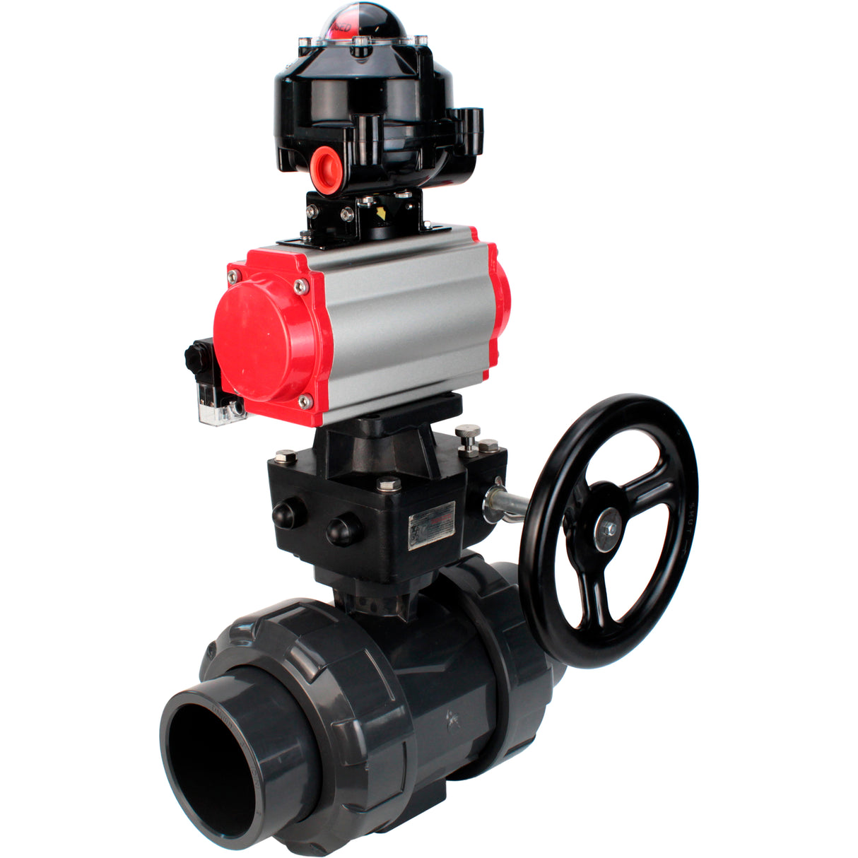 Ball valves Elephant BV4242E-FP-GRM-ISO, body material - UPVC, ball material - UPVC, seal - EPDM, with pneumatic actuator double action PA-DA, pneumatic distributor 4M310-08 24V, LSU APL-510N EX and handwheel MON