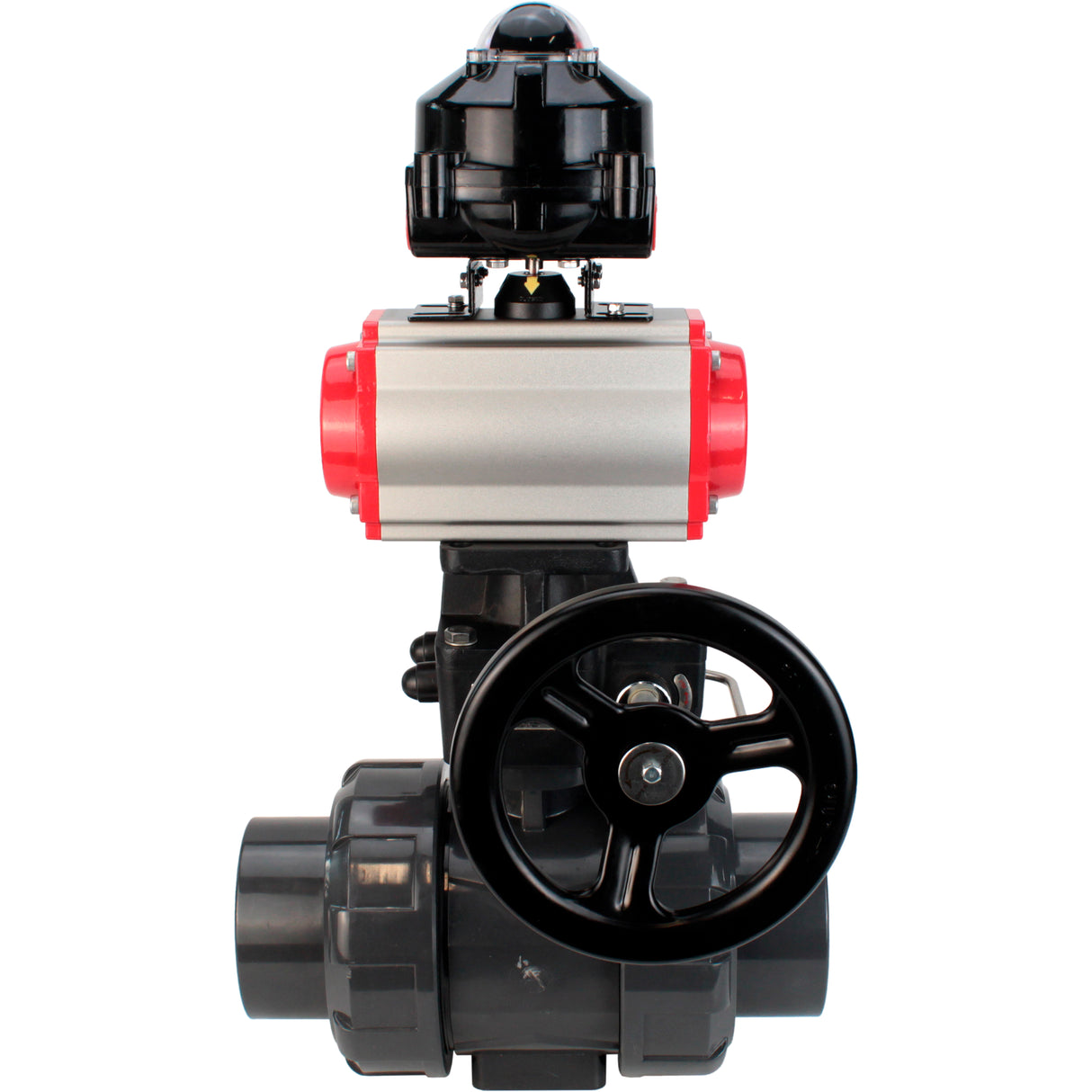 Ball valves Elephant BV4242E-FP-GRM-ISO, body material - UPVC, ball material - UPVC, seal - EPDM, with pneumatic actuator double action PA-DA, pneumatic distributor 4M310-08 24V, LSU APL-510N EX and handwheel MON