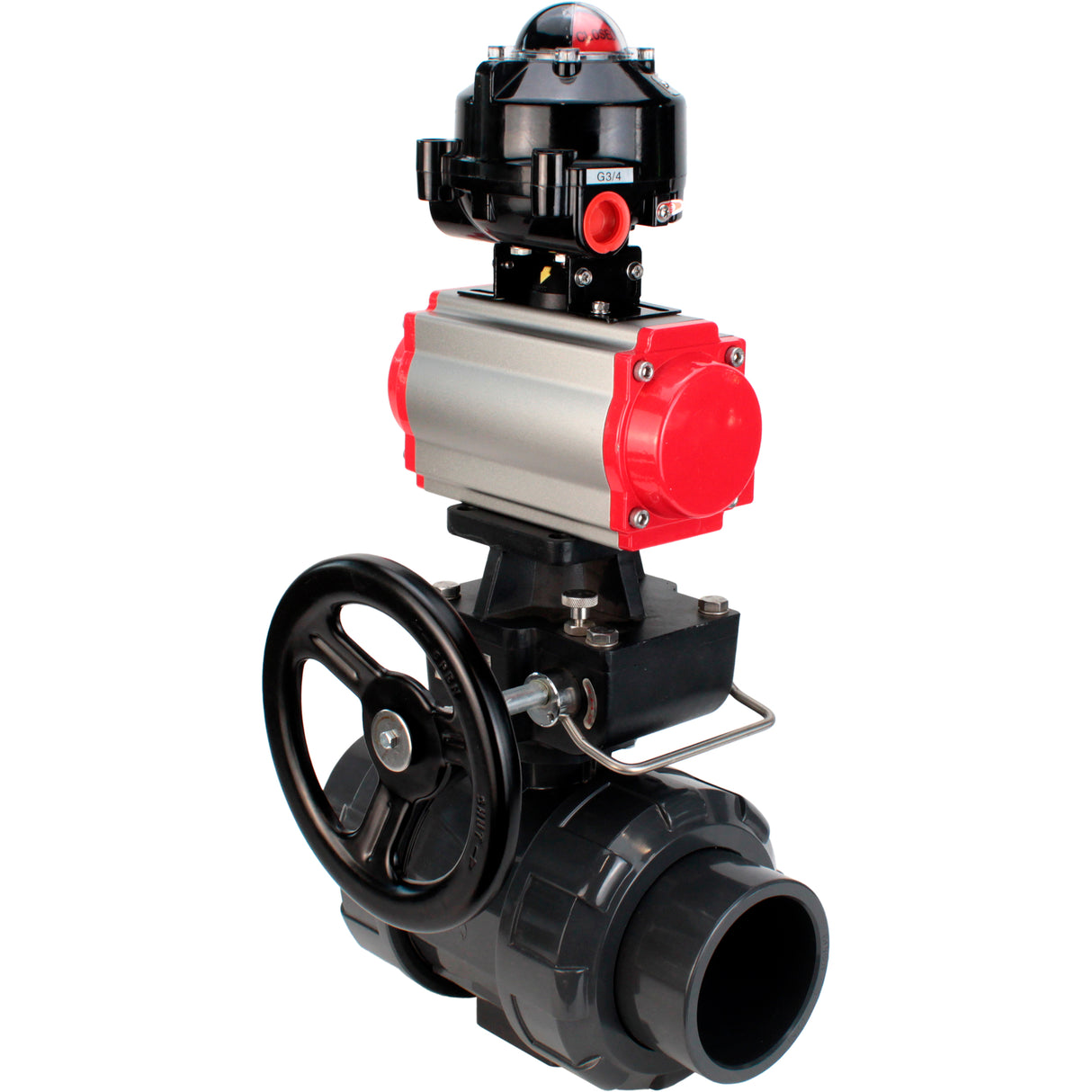 Ball valves Elephant BV4242E-FP-GRM-ISO, body material - UPVC, ball material - UPVC, seal - EPDM, with pneumatic actuator double action PA-DA, pneumatic distributor 4M310-08 24V, LSU APL-510N EX and handwheel MON