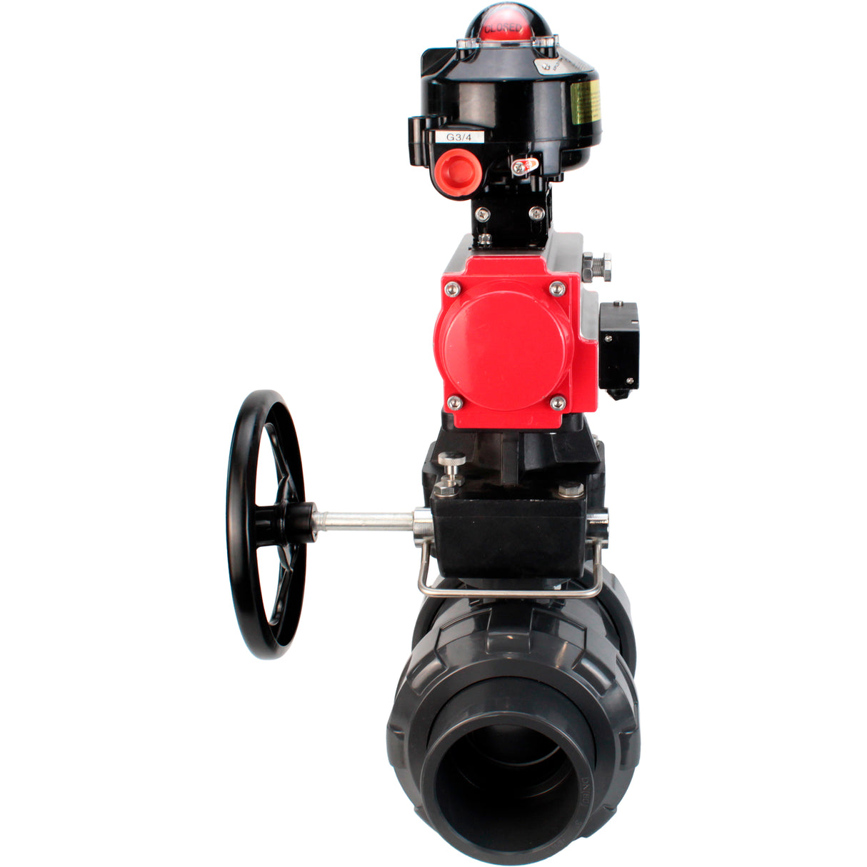 Ball valves Elephant BV4242E-FP-GRM-ISO, body material - UPVC, ball material - UPVC, seal - EPDM, with pneumatic actuator double action PA-DA, pneumatic distributor 4M310-08 24V, LSU APL-510N EX and handwheel MON