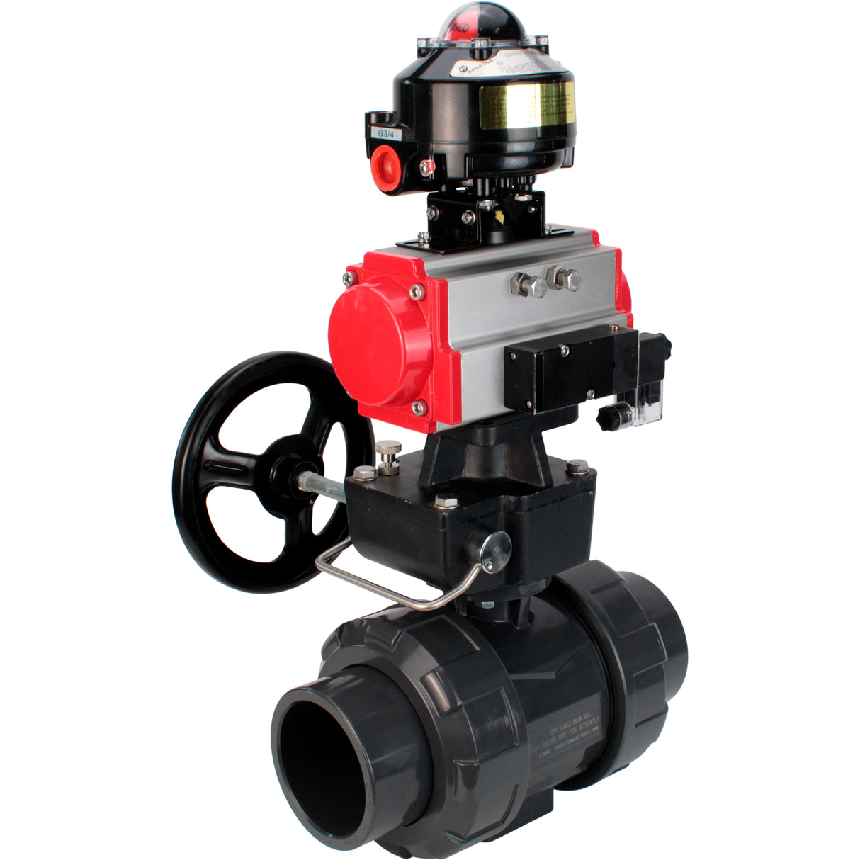 Ball valves Elephant BV4242E-FP-GRM-ISO, body material - UPVC, ball material - UPVC, seal - EPDM, with pneumatic actuator double action PA-DA, pneumatic distributor 4M310-08 24V, LSU APL-510N EX and handwheel MON