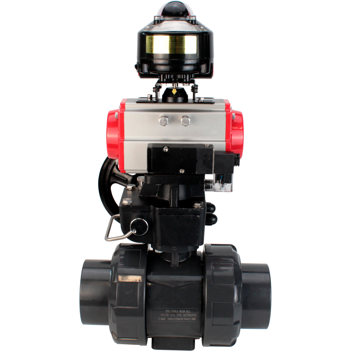 Ball valves Elephant BV4242E-FP-GRM-ISO, body material - UPVC, ball material - UPVC, seal - EPDM, with pneumatic actuator double action PA-DA, pneumatic distributor 4M310-08 24V, LSU APL-510N EX and handwheel MON
