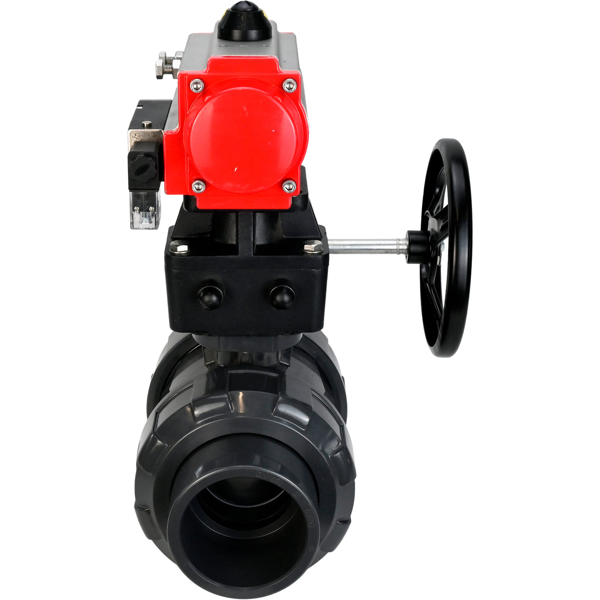 Ball valves Elephant BV4242E-FP-GRM-ISO, body material - UPVC, ball material - UPVC, seal - EPDM, with pneumatic actuator double action PA-DA, pneumatic distributor 4M310-08 220V and handwheel MON