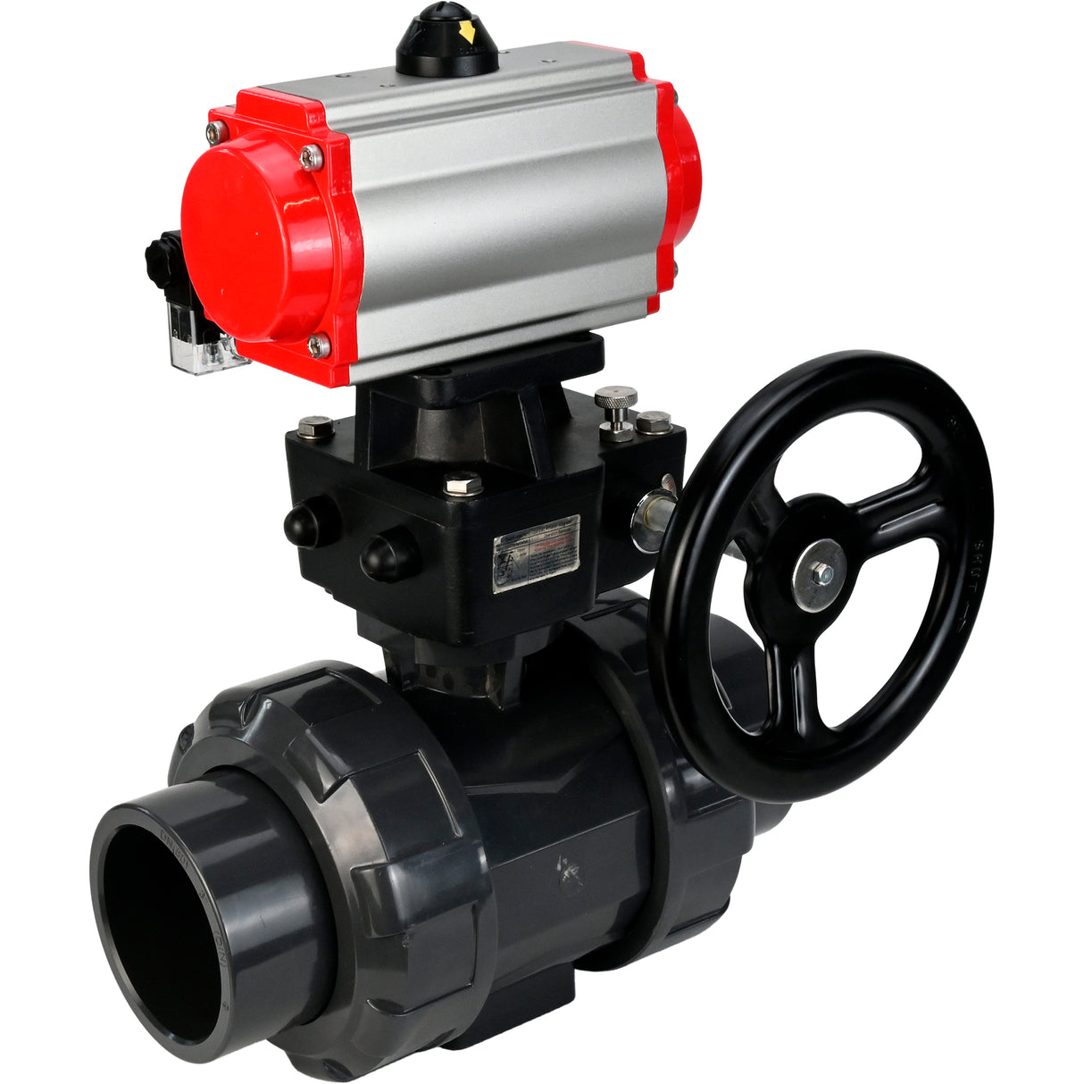 Ball valves Elephant BV4242E-FP-GRM-ISO, body material - UPVC, ball material - UPVC, seal - EPDM, with pneumatic actuator double action PA-DA, pneumatic distributor 4M310-08 220V and handwheel MON