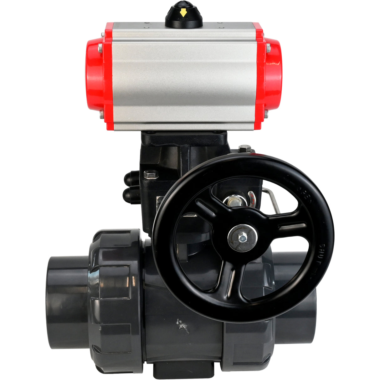 Ball valves Elephant BV4242E-FP-GRM-ISO, body material - UPVC, ball material - UPVC, seal - EPDM, with pneumatic actuator double action PA-DA, pneumatic distributor 4M310-08 220V and handwheel MON