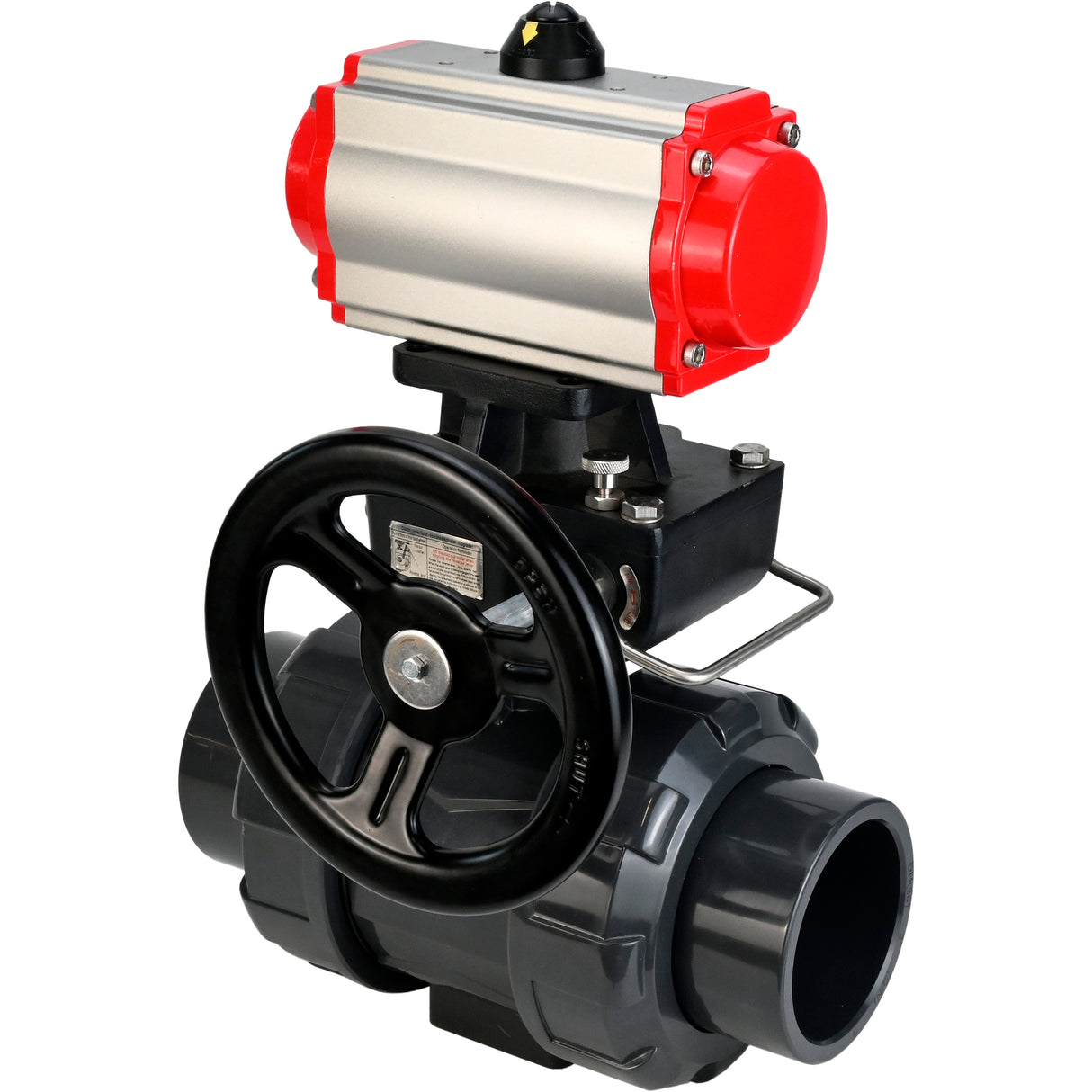 Ball valves Elephant BV4242E-FP-GRM-ISO, body material - UPVC, ball material - UPVC, seal - EPDM, with pneumatic actuator double action PA-DA, pneumatic distributor 4M310-08 220V and handwheel MON