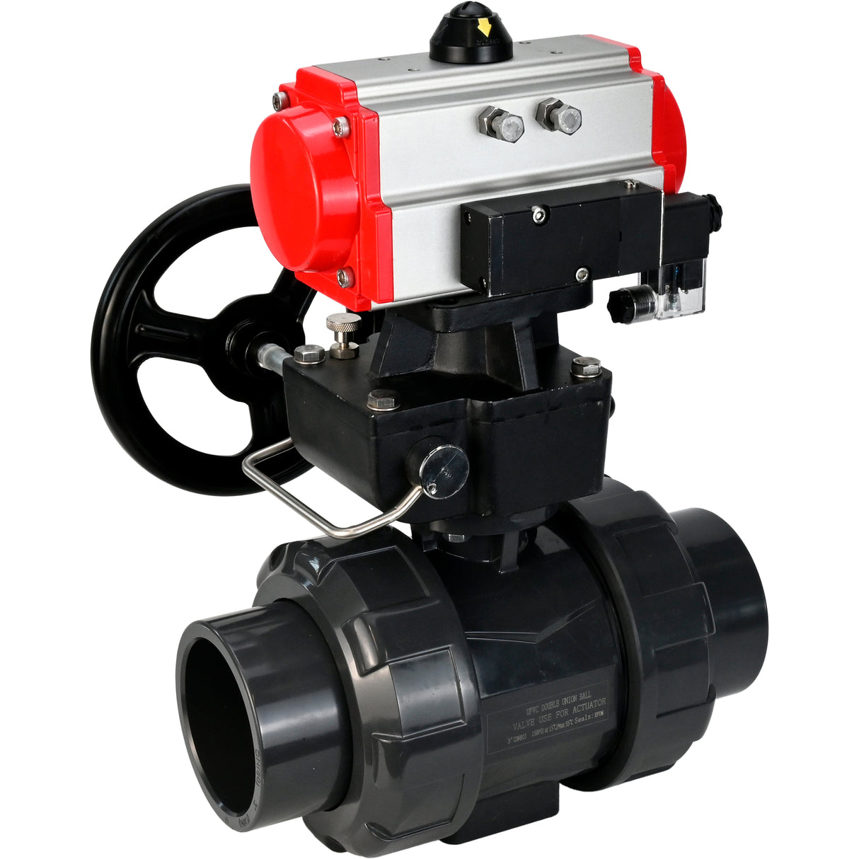 Ball valves Elephant BV4242E-FP-GRM-ISO, body material - UPVC, ball material - UPVC, seal - EPDM, with pneumatic actuator double action PA-DA, pneumatic distributor 4M310-08 220V and handwheel MON