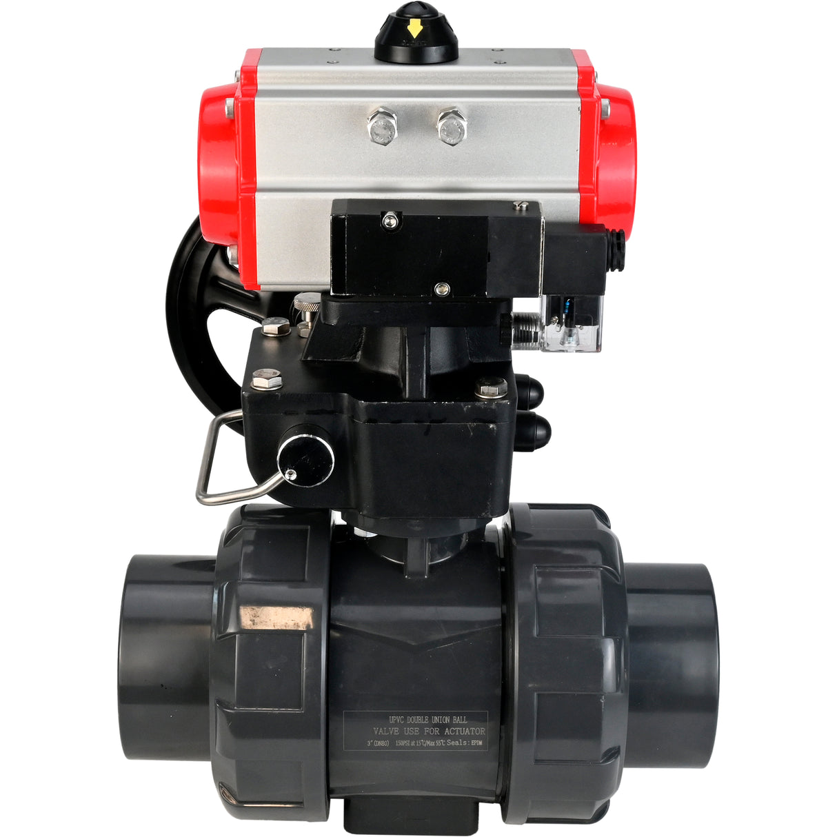 Ball valves Elephant BV4242E-FP-GRM-ISO, body material - UPVC, ball material - UPVC, seal - EPDM, with pneumatic actuator double action PA-DA, pneumatic distributor 4M310-08 220V and handwheel MON
