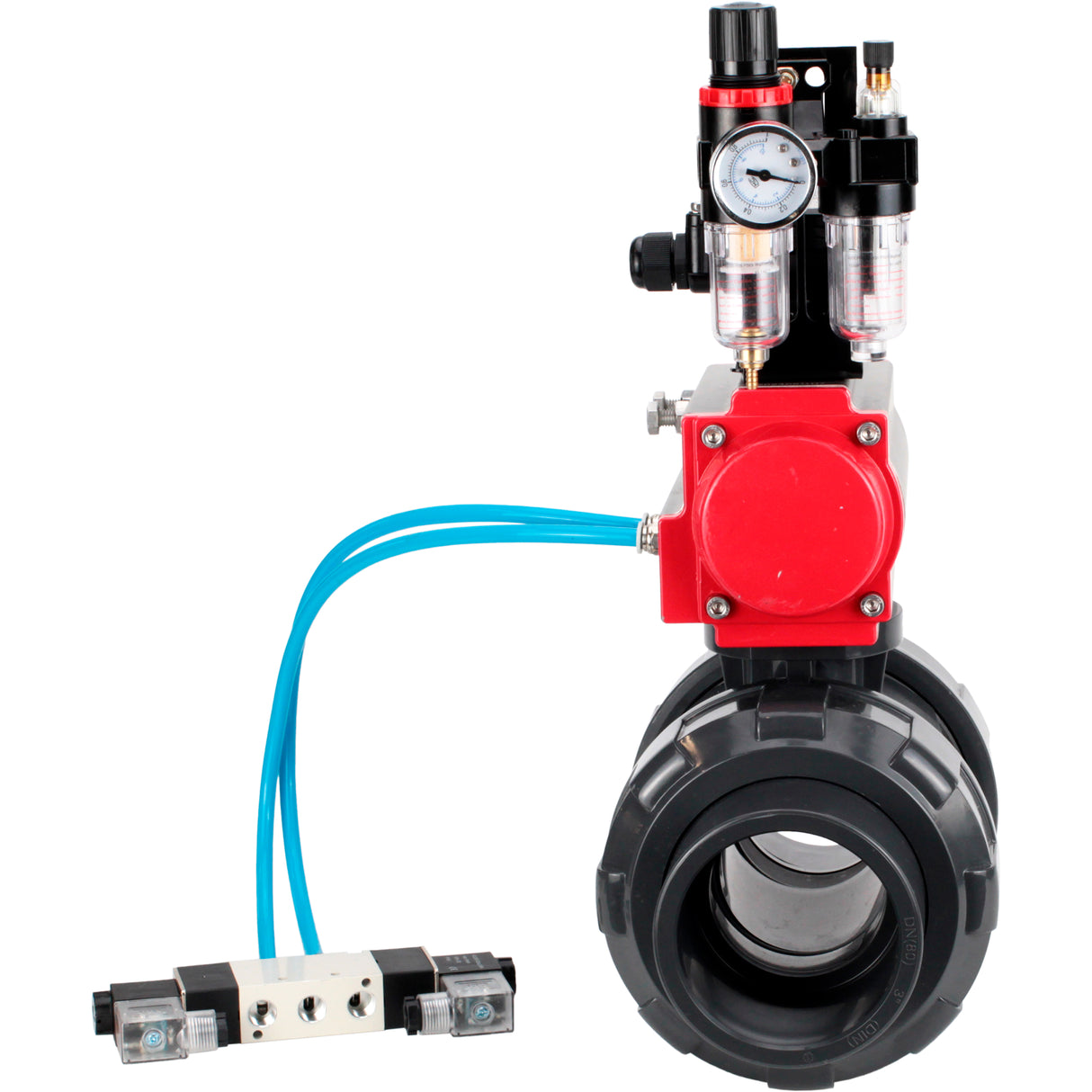 Ball valves Elephant BV4242E-FP-GRM-ISO, body material - UPVC, ball material - UPVC, seal - EPDM, with pneumatic actuator double action PA-DA, pneumatic distributor 4V320-10 220V, LSU APL-210N and ATU AFC2000