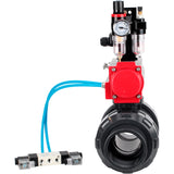 Ball valves Elephant BV4242E-FP-GRM-ISO, body material - UPVC, ball material - UPVC, seal - EPDM, with pneumatic actuator double action PA-DA, pneumatic distributor 4V320-10 220V, LSU APL-210N and ATU AFC2000