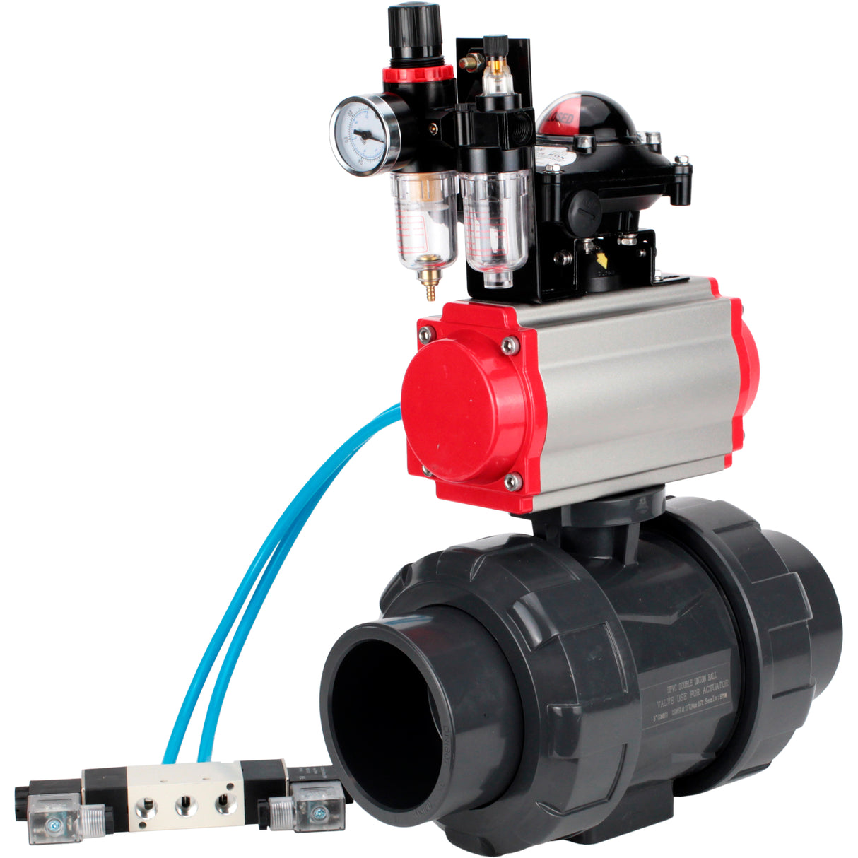 Ball valves Elephant BV4242E-FP-GRM-ISO, body material - UPVC, ball material - UPVC, seal - EPDM, with pneumatic actuator double action PA-DA, pneumatic distributor 4V320-10 220V, LSU APL-210N and ATU AFC2000