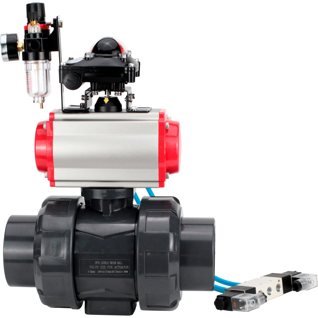 Ball valves Elephant BV4242E-FP-GRM-ISO, body material - UPVC, ball material - UPVC, seal - EPDM, with pneumatic actuator double action PA-DA, pneumatic distributor 4V320-10 220V, LSU APL-210N and ATU AFC2000