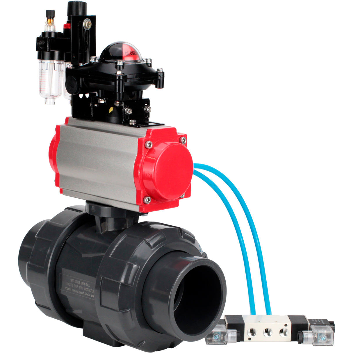 Ball valves Elephant BV4242E-FP-GRM-ISO, body material - UPVC, ball material - UPVC, seal - EPDM, with pneumatic actuator double action PA-DA, pneumatic distributor 4V320-10 220V, LSU APL-210N and ATU AFC2000