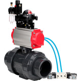 Ball valves Elephant BV4242E-FP-GRM-ISO, body material - UPVC, ball material - UPVC, seal - EPDM, with pneumatic actuator double action PA-DA, pneumatic distributor 4V320-10 220V, LSU APL-210N and ATU AFC2000