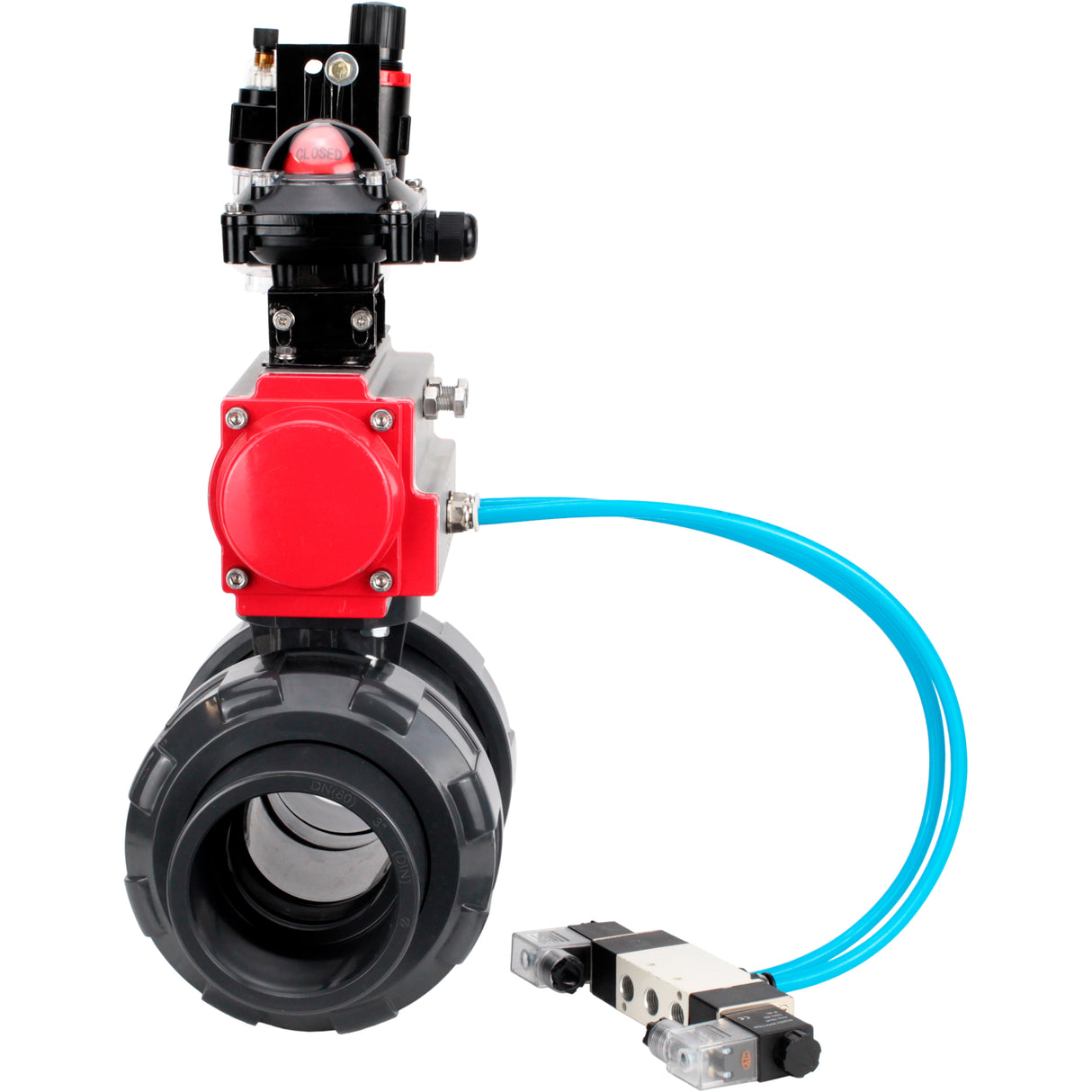 Ball valves Elephant BV4242E-FP-GRM-ISO, body material - UPVC, ball material - UPVC, seal - EPDM, with pneumatic actuator double action PA-DA, pneumatic distributor 4V320-10 220V, LSU APL-210N and ATU AFC2000