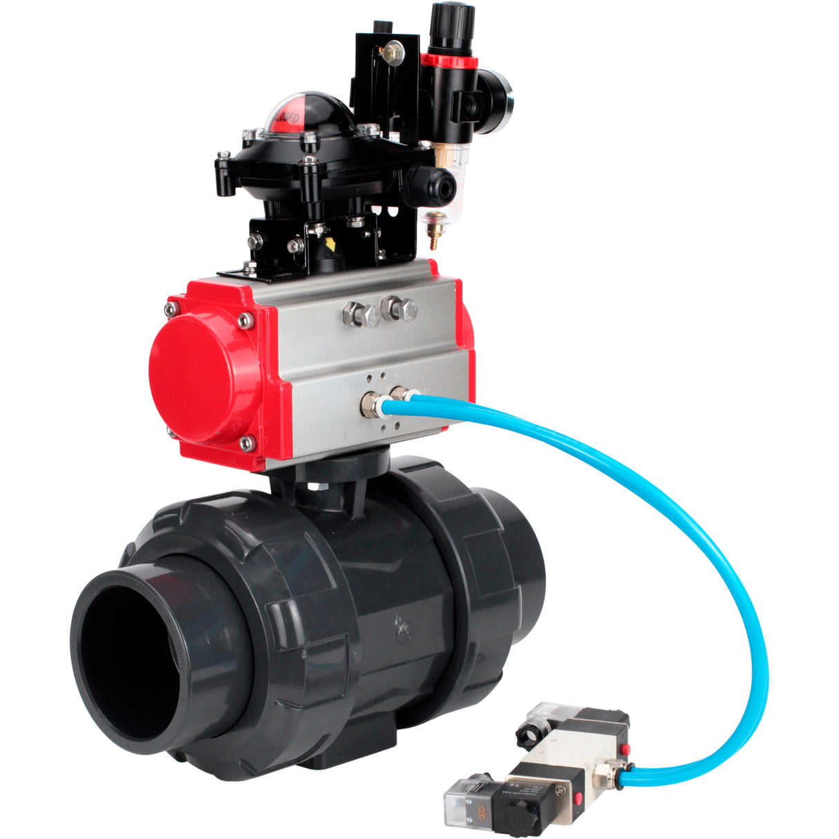 Ball valves Elephant BV4242E-FP-GRM-ISO, body material - UPVC, ball material - UPVC, seal - EPDM, with pneumatic actuator double action PA-DA, pneumatic distributor 4V320-10 220V, LSU APL-210N and ATU AFC2000