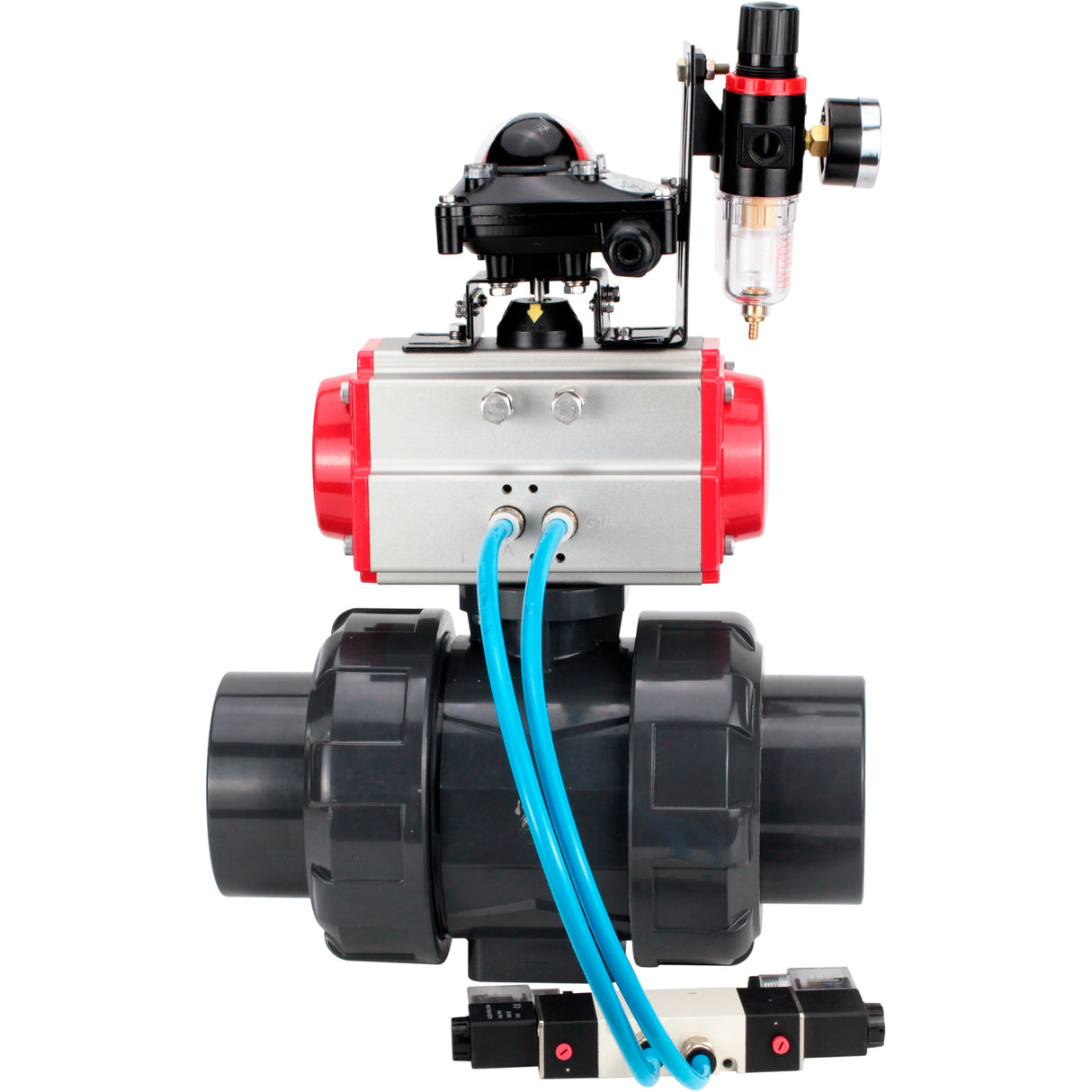 Ball valves Elephant BV4242E-FP-GRM-ISO, body material - UPVC, ball material - UPVC, seal - EPDM, with pneumatic actuator double action PA-DA, pneumatic distributor 4V320-10 220V, LSU APL-210N and ATU AFC2000