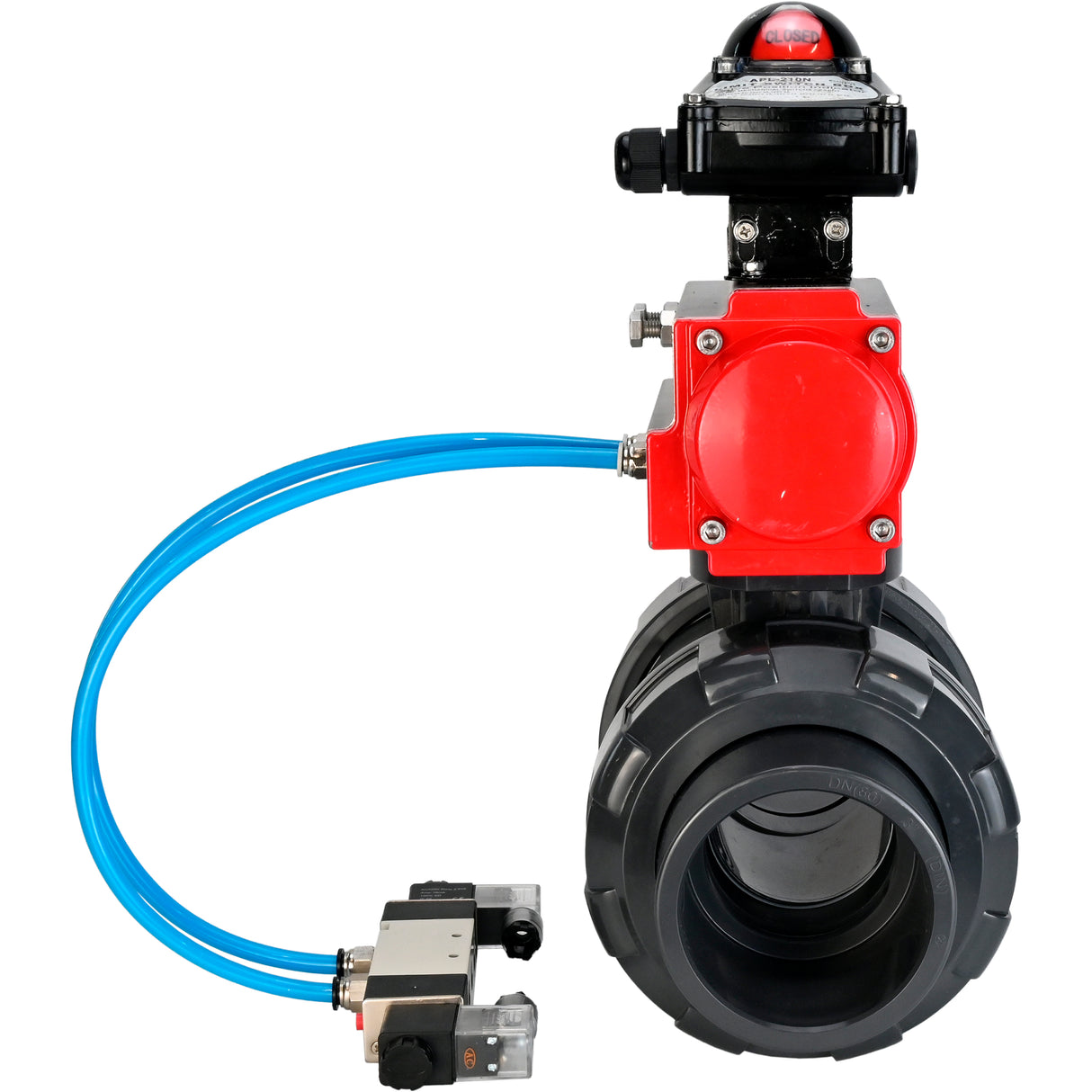 Ball valves Elephant BV4242E-FP-GRM-ISO, body material - UPVC, ball material - UPVC, seal - EPDM, with pneumatic actuator double action PA-DA, pneumatic distributor 4V320-08 220V and LSU APL-210N EX