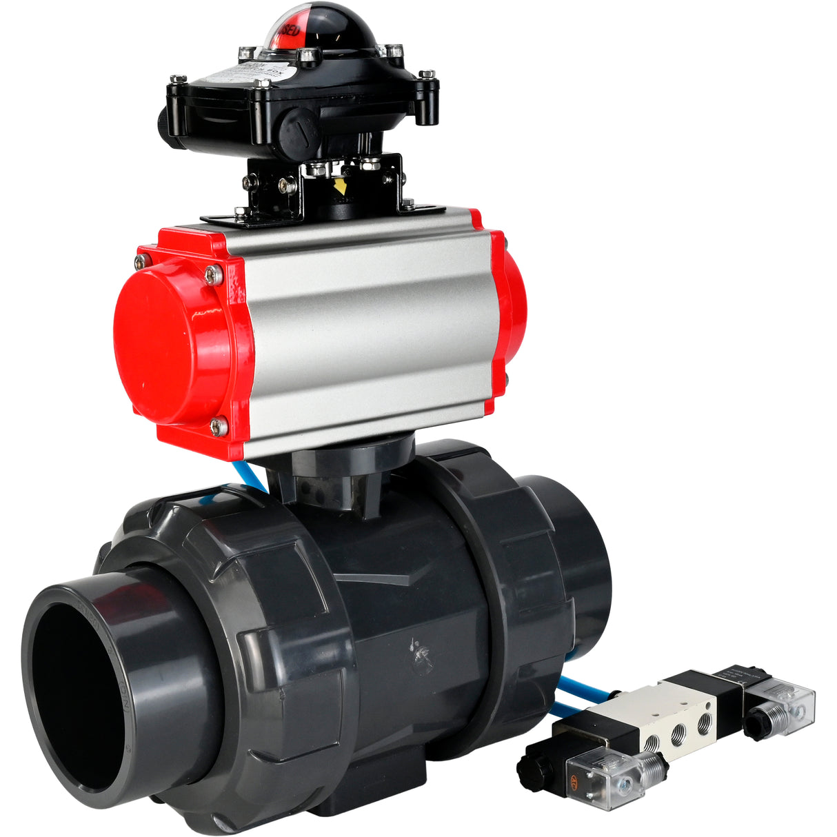 Ball valves Elephant BV4242E-FP-GRM-ISO, body material - UPVC, ball material - UPVC, seal - EPDM, with pneumatic actuator double action PA-DA, pneumatic distributor 4V320-08 220V and LSU APL-210N EX