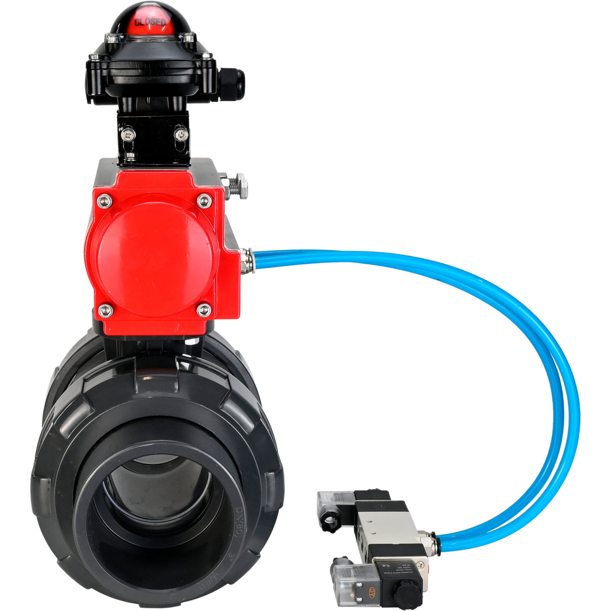 Ball valves Elephant BV4242E-FP-GRM-ISO, body material - UPVC, ball material - UPVC, seal - EPDM, with pneumatic actuator double action PA-DA, pneumatic distributor 4V320-08 220V and LSU APL-210N EX