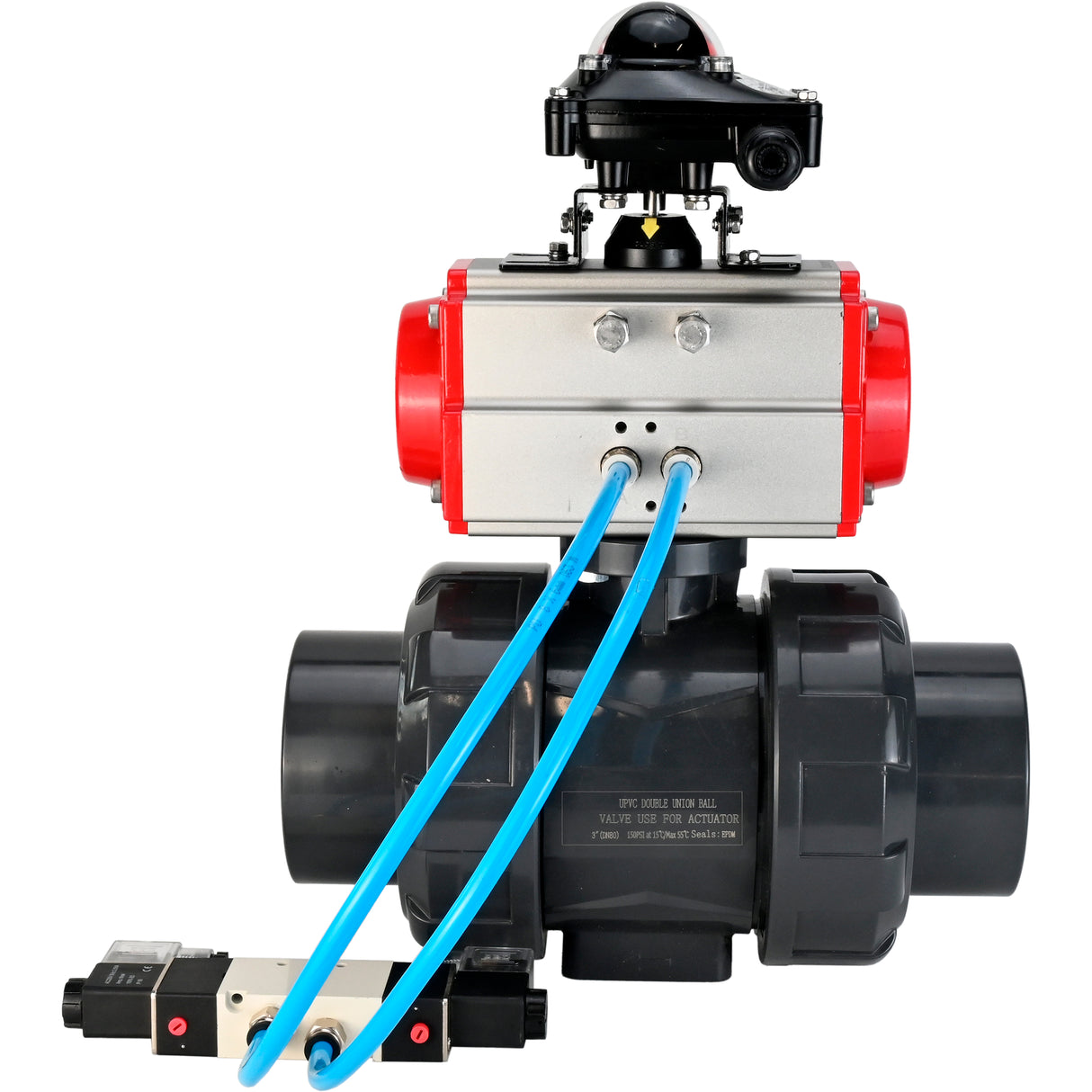 Ball valves Elephant BV4242E-FP-GRM-ISO, body material - UPVC, ball material - UPVC, seal - EPDM, with pneumatic actuator double action PA-DA, pneumatic distributor 4V320-08 220V and LSU APL-210N EX