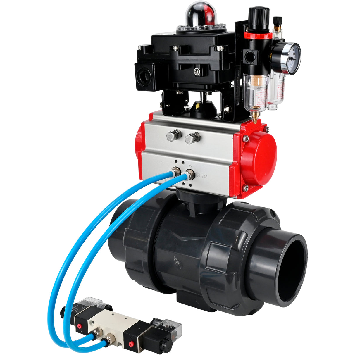 Ball valves Elephant BV4242E-FP-GRM-ISO, body material - UPVC, ball material - UPVC, seal - EPDM, with pneumatic actuator double action PA-DA, pneumatic distributor 4V320-08 220V, LSU APL-410N EX and ATU AFC2000