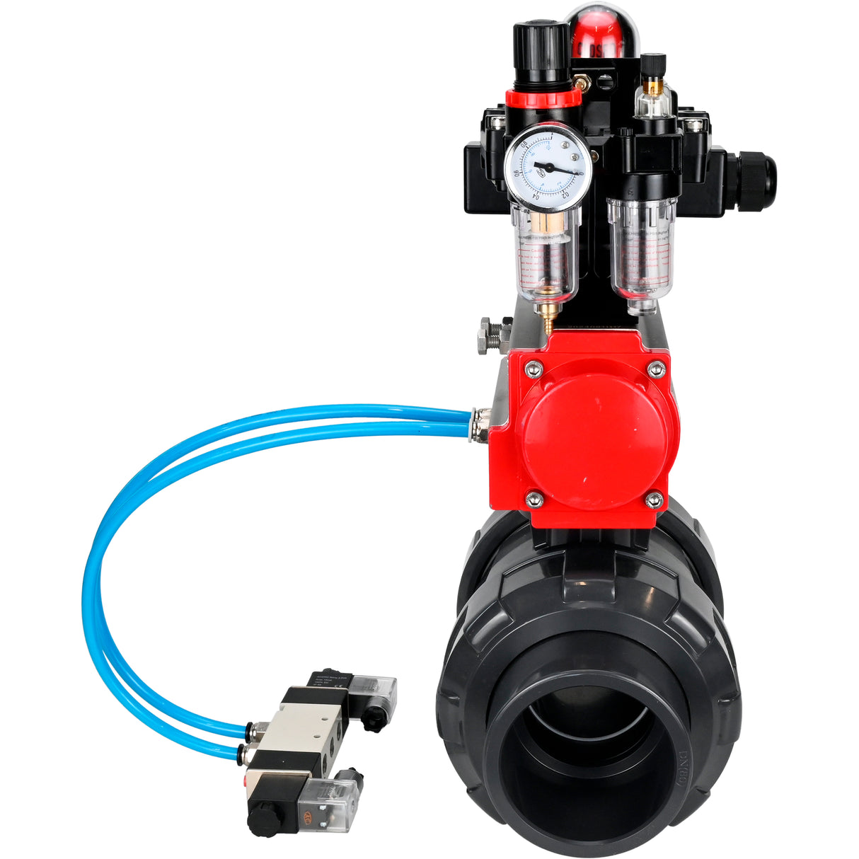 Ball valves Elephant BV4242E-FP-GRM-ISO, body material - UPVC, ball material - UPVC, seal - EPDM, with pneumatic actuator double action PA-DA, pneumatic distributor 4V320-08 220V, LSU APL-410N EX and ATU AFC2000