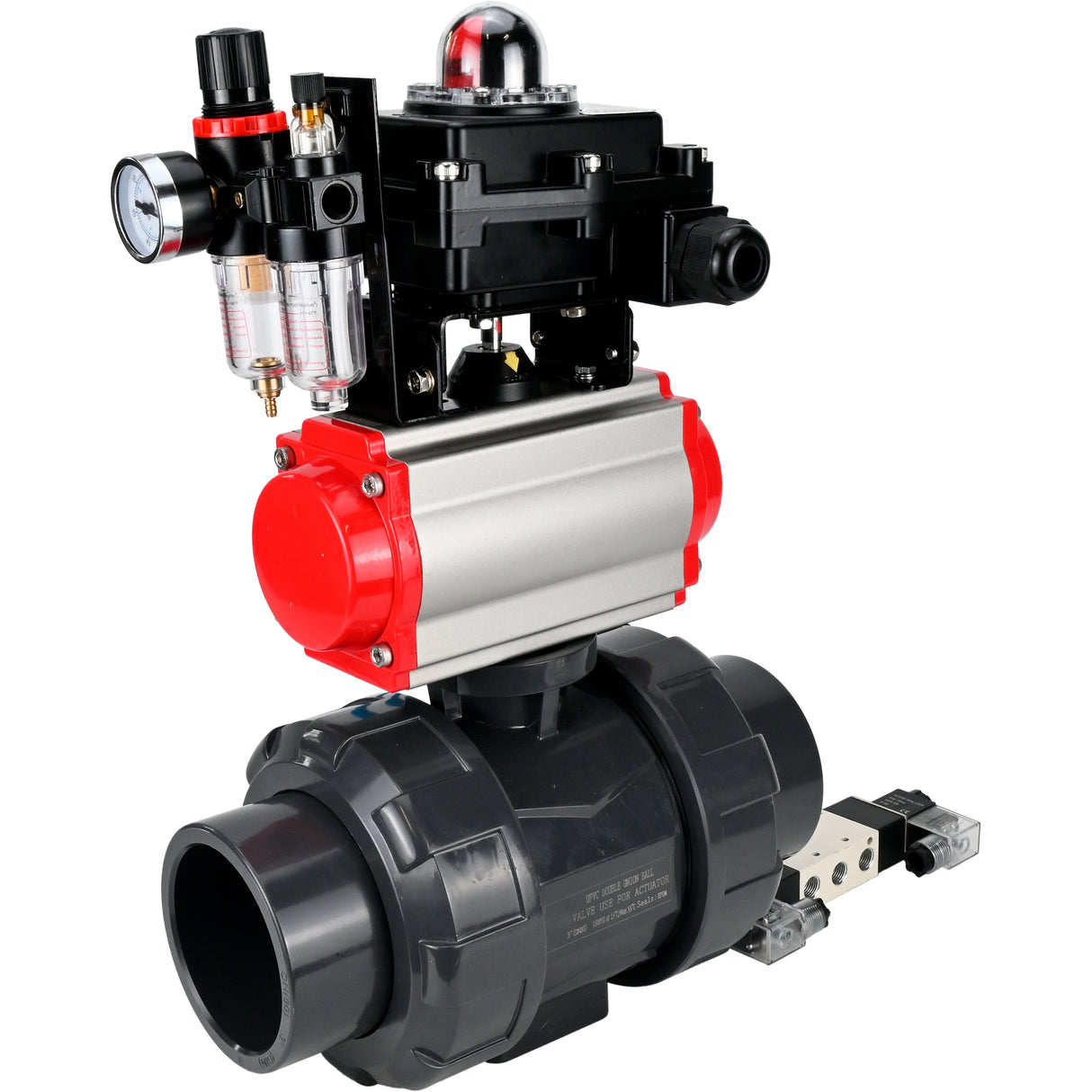 Ball valves Elephant BV4242E-FP-GRM-ISO, body material - UPVC, ball material - UPVC, seal - EPDM, with pneumatic actuator double action PA-DA, pneumatic distributor 4V320-08 220V, LSU APL-410N EX and ATU AFC2000