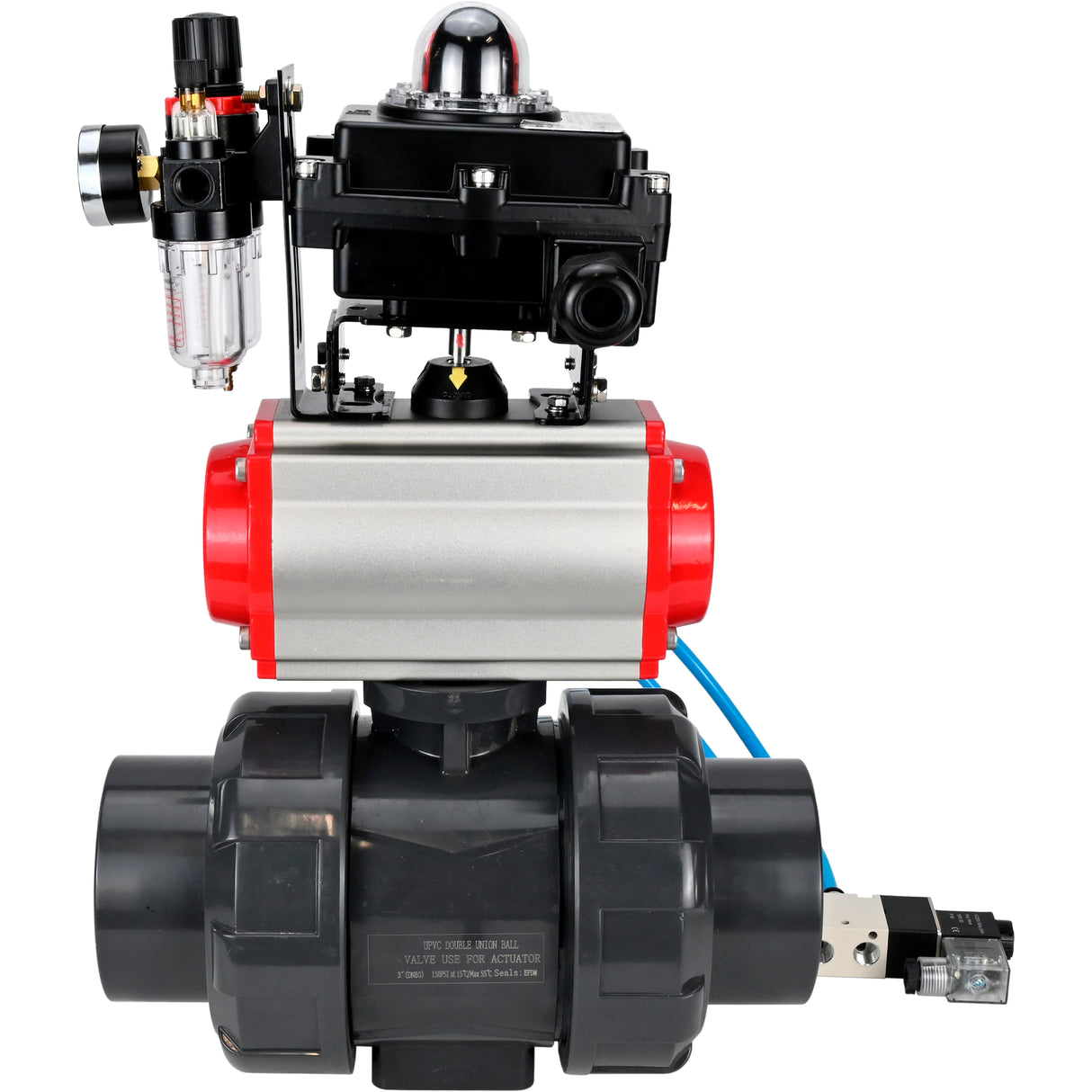 Ball valves Elephant BV4242E-FP-GRM-ISO, body material - UPVC, ball material - UPVC, seal - EPDM, with pneumatic actuator double action PA-DA, pneumatic distributor 4V320-08 220V, LSU APL-410N EX and ATU AFC2000