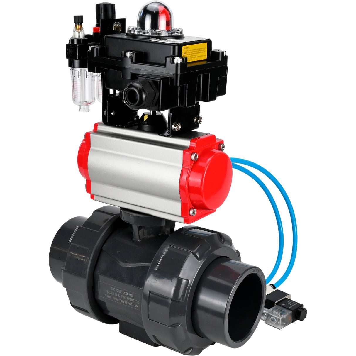 Ball valves Elephant BV4242E-FP-GRM-ISO, body material - UPVC, ball material - UPVC, seal - EPDM, with pneumatic actuator double action PA-DA, pneumatic distributor 4V320-08 220V, LSU APL-410N EX and ATU AFC2000