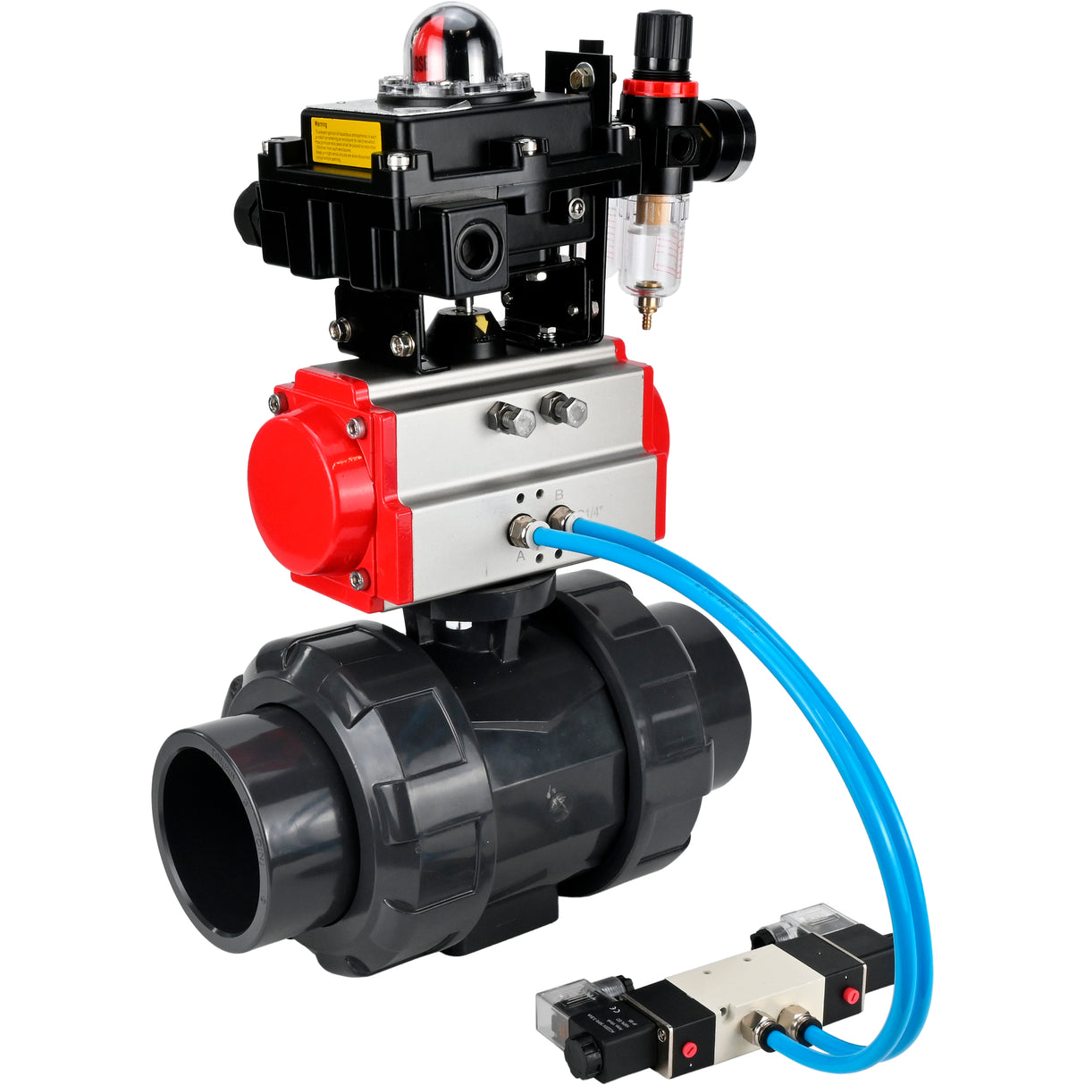 Ball valves Elephant BV4242E-FP-GRM-ISO, body material - UPVC, ball material - UPVC, seal - EPDM, with pneumatic actuator double action PA-DA, pneumatic distributor 4V320-08 220V, LSU APL-410N EX and ATU AFC2000