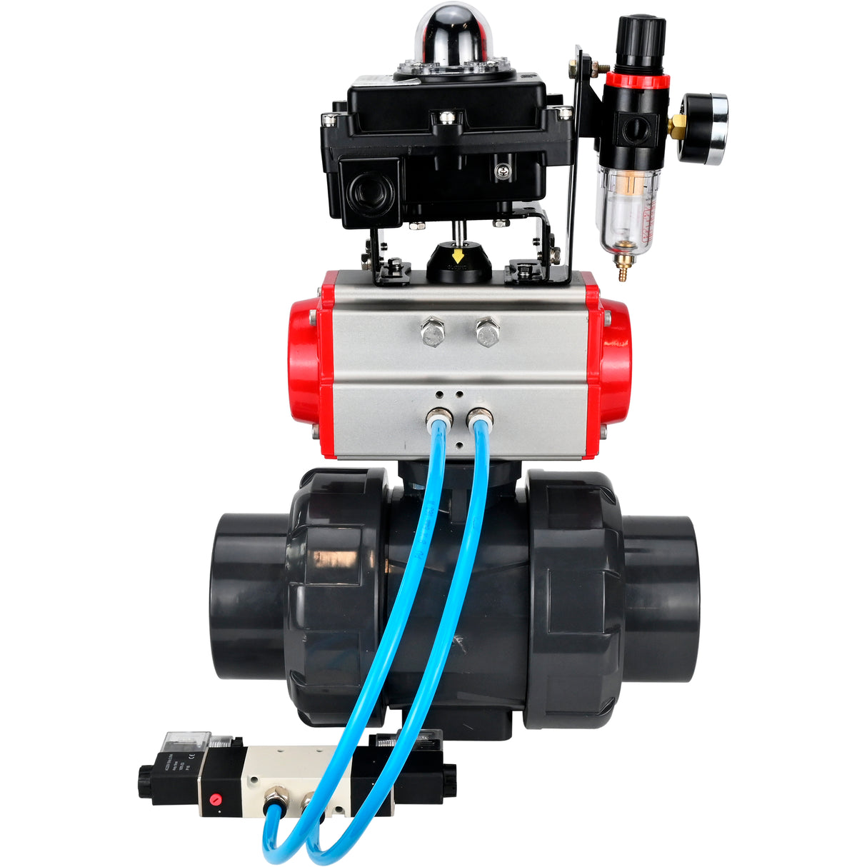 Ball valves Elephant BV4242E-FP-GRM-ISO, body material - UPVC, ball material - UPVC, seal - EPDM, with pneumatic actuator double action PA-DA, pneumatic distributor 4V320-08 220V, LSU APL-410N EX and ATU AFC2000