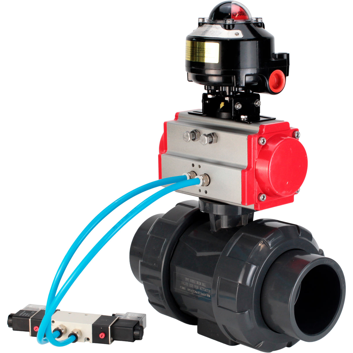 Ball valves Elephant BV4242E-FP-GRM-ISO, body material - UPVC, ball material - UPVC, seal - EPDM, with pneumatic actuator double action PA-DA, pneumatic distributor 4V320-10 220V and LSU APL-510N EX