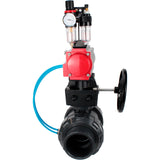 Ball valves Elephant BV4242E-FP-GRM-ISO, body material - UPVC, ball material - UPVC, seal - EPDM, with pneumatic actuator double action PA-DA, pneumatic distributor 4V320-10 220V, ATU AFC2000 and handwheel MON