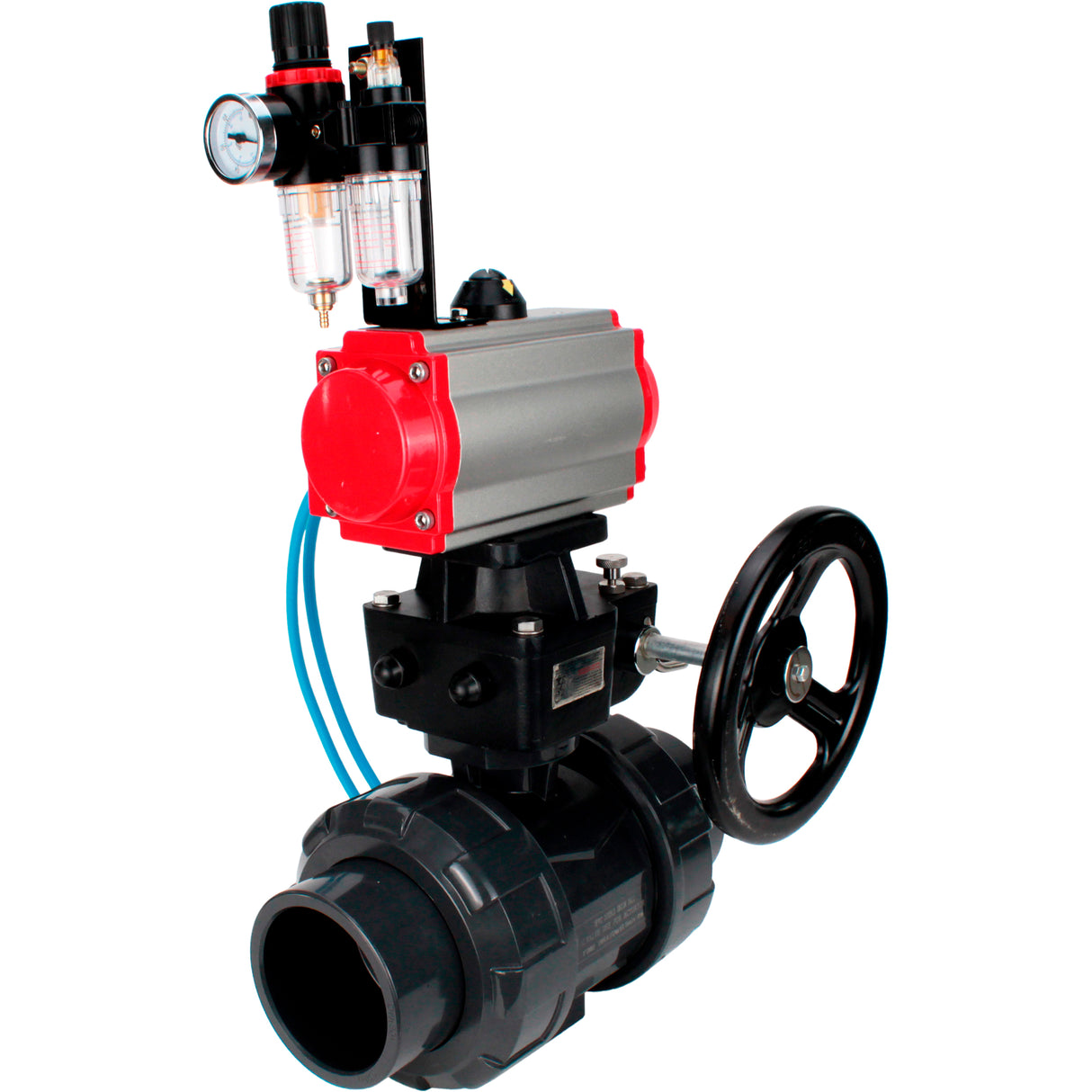 Ball valves Elephant BV4242E-FP-GRM-ISO, body material - UPVC, ball material - UPVC, seal - EPDM, with pneumatic actuator double action PA-DA, pneumatic distributor 4V320-10 220V, ATU AFC2000 and handwheel MON