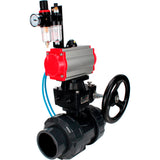 Ball valves Elephant BV4242E-FP-GRM-ISO, body material - UPVC, ball material - UPVC, seal - EPDM, with pneumatic actuator double action PA-DA, pneumatic distributor 4V320-10 220V, ATU AFC2000 and handwheel MON