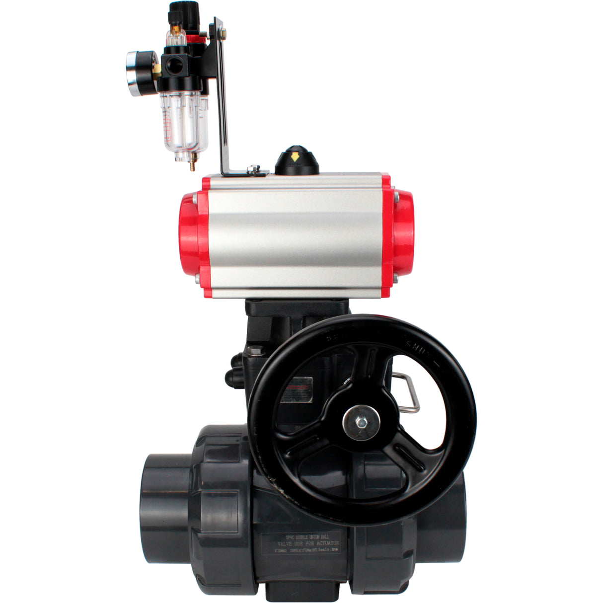 Ball valves Elephant BV4242E-FP-GRM-ISO, body material - UPVC, ball material - UPVC, seal - EPDM, with pneumatic actuator double action PA-DA, pneumatic distributor 4V320-10 220V, ATU AFC2000 and handwheel MON