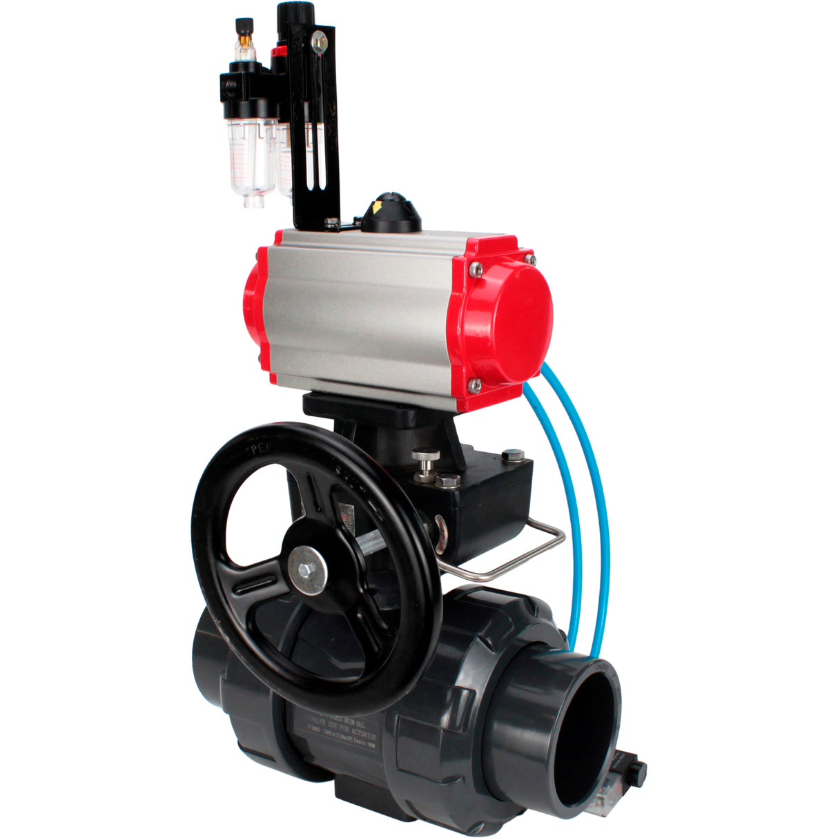 Ball valves Elephant BV4242E-FP-GRM-ISO, body material - UPVC, ball material - UPVC, seal - EPDM, with pneumatic actuator double action PA-DA, pneumatic distributor 4V320-10 220V, ATU AFC2000 and handwheel MON