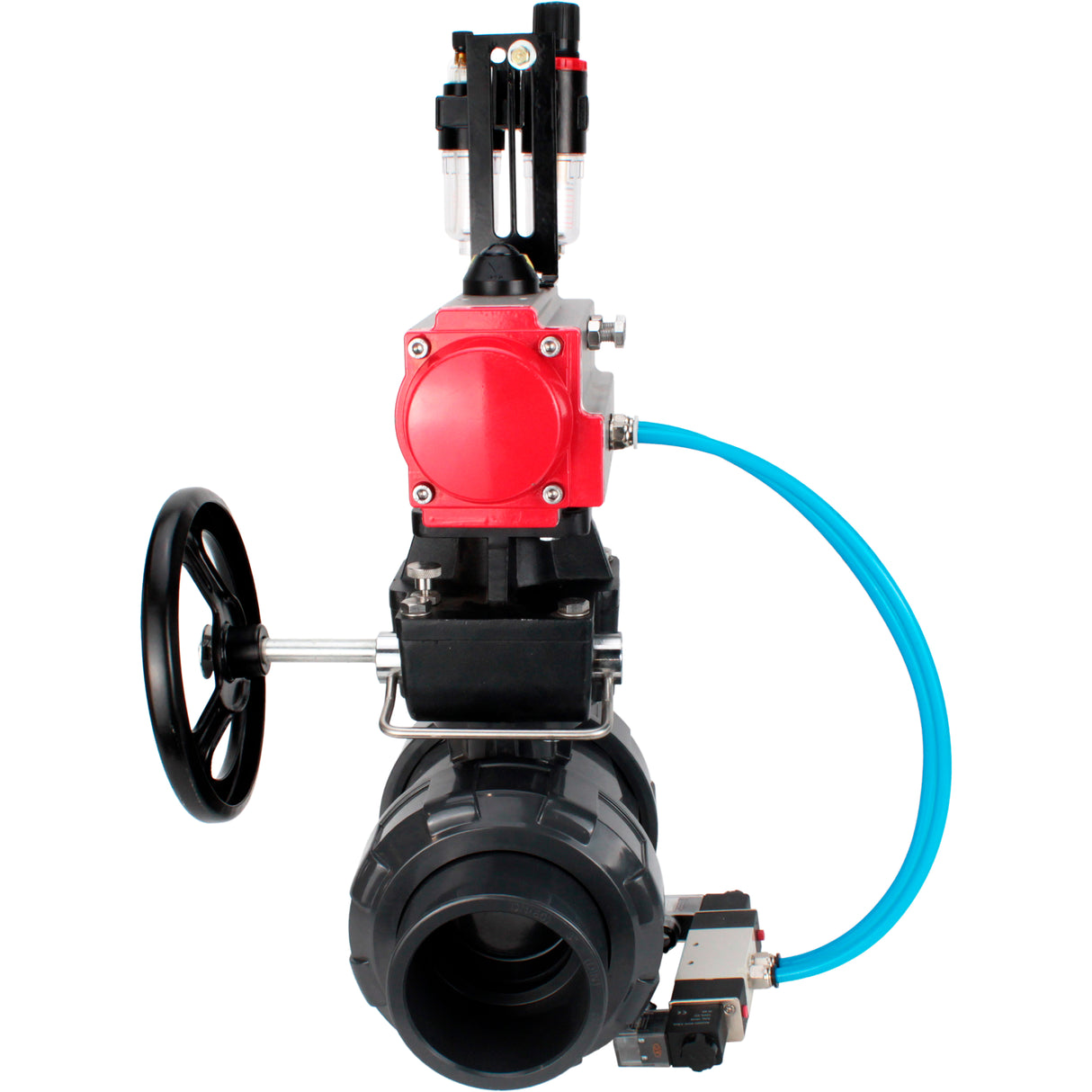 Ball valves Elephant BV4242E-FP-GRM-ISO, body material - UPVC, ball material - UPVC, seal - EPDM, with pneumatic actuator double action PA-DA, pneumatic distributor 4V320-10 220V, ATU AFC2000 and handwheel MON