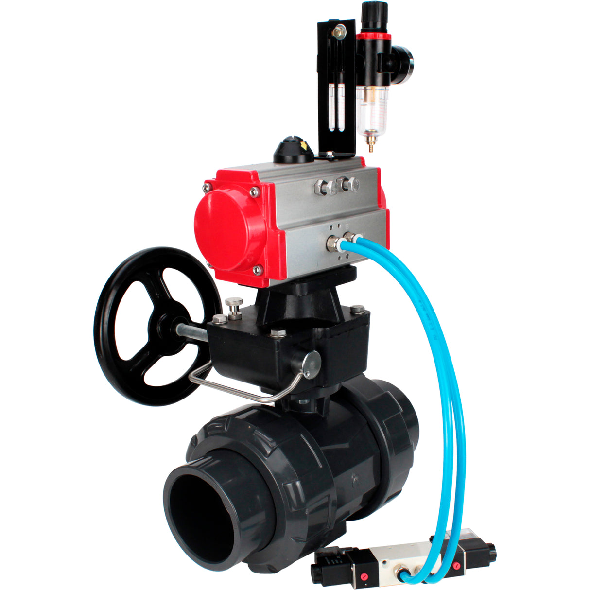 Ball valves Elephant BV4242E-FP-GRM-ISO, body material - UPVC, ball material - UPVC, seal - EPDM, with pneumatic actuator double action PA-DA, pneumatic distributor 4V320-10 220V, ATU AFC2000 and handwheel MON