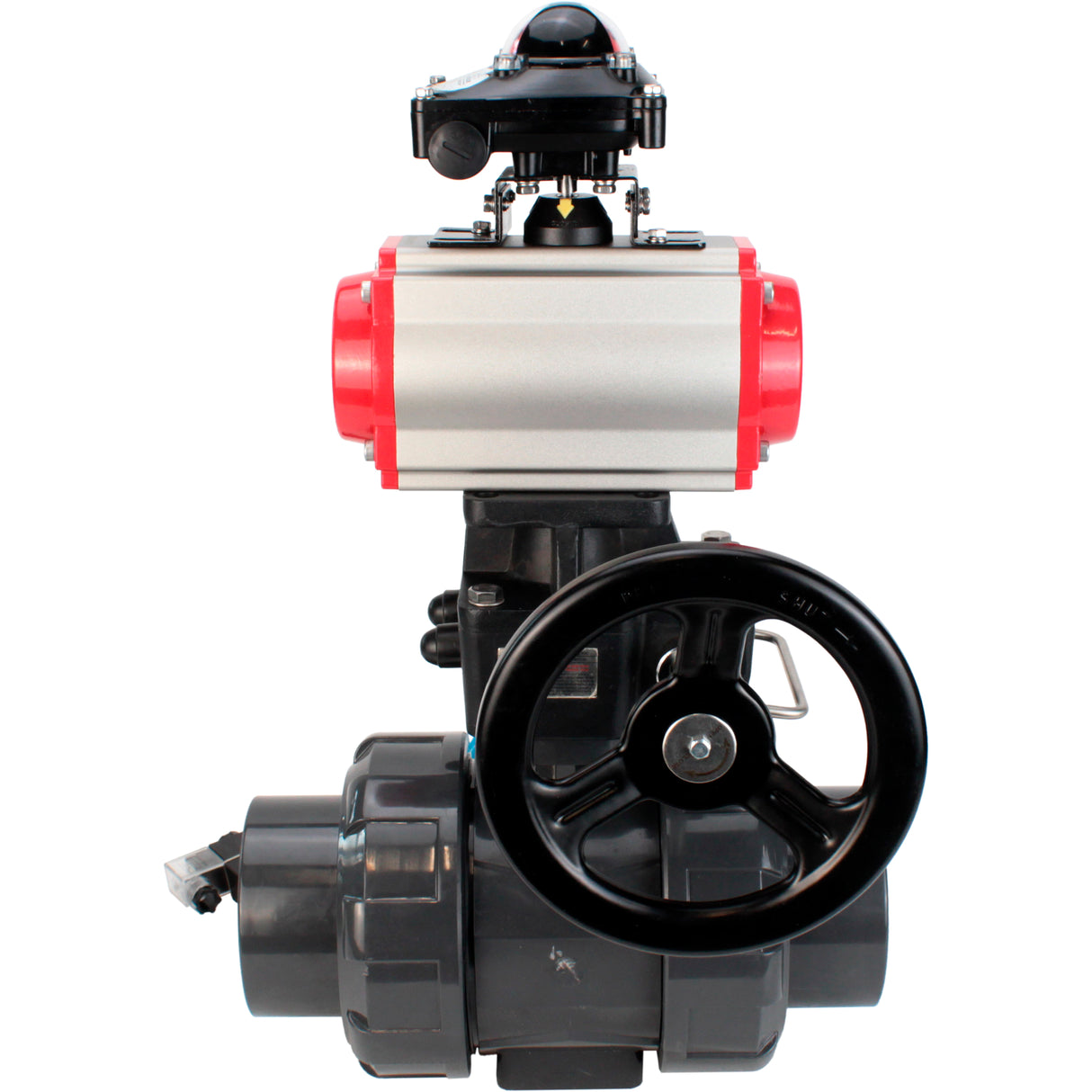Ball valves Elephant BV4242E-FP-GRM-ISO, body material - UPVC, ball material - UPVC, seal - EPDM, with pneumatic actuator double action PA-DA, pneumatic distributor 4V320-10 220V, LSU APL-210N and handwheel MON