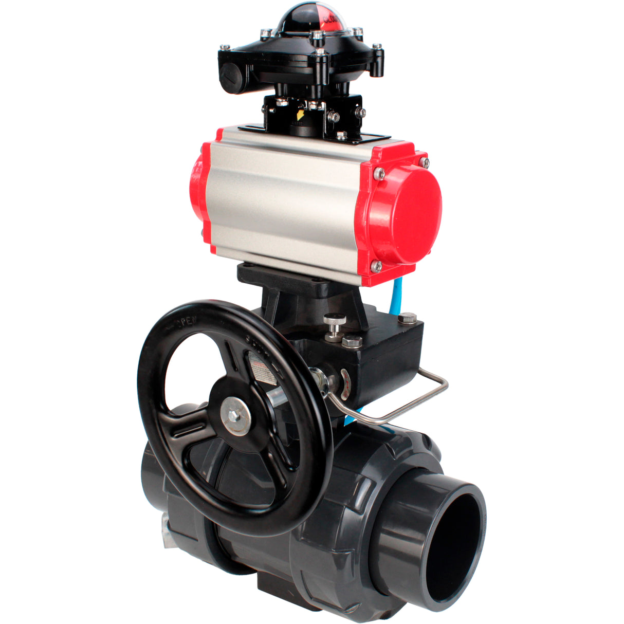 Ball valves Elephant BV4242E-FP-GRM-ISO, body material - UPVC, ball material - UPVC, seal - EPDM, with pneumatic actuator double action PA-DA, pneumatic distributor 4V320-10 220V, LSU APL-210N and handwheel MON