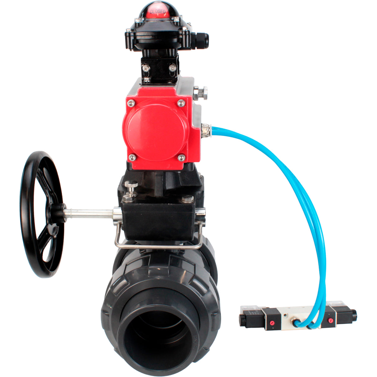 Ball valves Elephant BV4242E-FP-GRM-ISO, body material - UPVC, ball material - UPVC, seal - EPDM, with pneumatic actuator double action PA-DA, pneumatic distributor 4V320-10 220V, LSU APL-210N and handwheel MON
