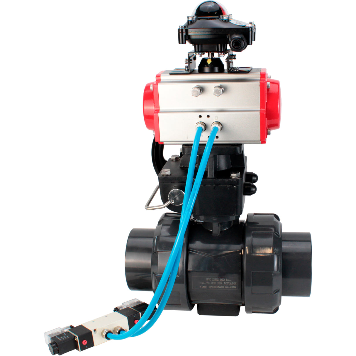 Ball valves Elephant BV4242E-FP-GRM-ISO, body material - UPVC, ball material - UPVC, seal - EPDM, with pneumatic actuator double action PA-DA, pneumatic distributor 4V320-10 220V, LSU APL-210N and handwheel MON