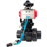 Ball valves Elephant BV4242E-FP-GRM-ISO, body material - UPVC, ball material - UPVC, seal - EPDM, with pneumatic actuator double action PA-DA, pneumatic distributor 4V320-10 220V, LSU APL-210N and handwheel MON