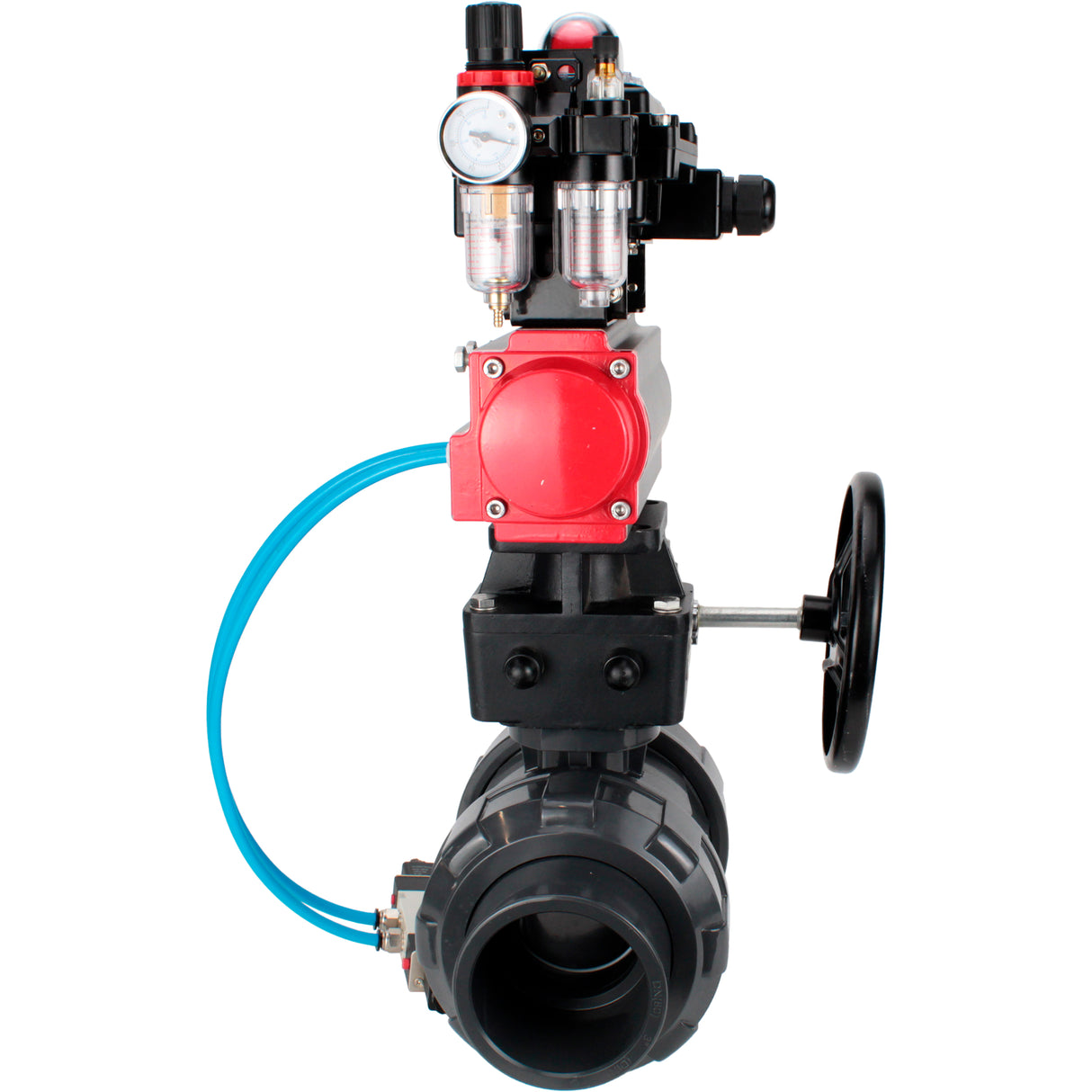 Ball valves Elephant BV4242E-FP-GRM-ISO, body material - UPVC, ball material - UPVC, seal - EPDM, with pneumatic actuator double action PA-DA, pneumatic distributor 4V320-10 220V, LSU APL-410N EX, ATU AFC2000 and handwheel MON